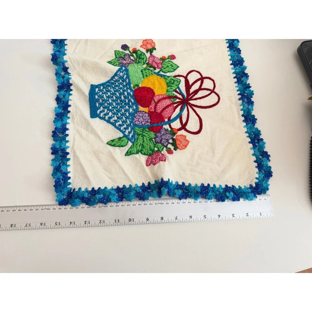 Vintage Hand Embroidered Fruit Basket Linen Napkin Blue Crochet Lace Trim 16x16